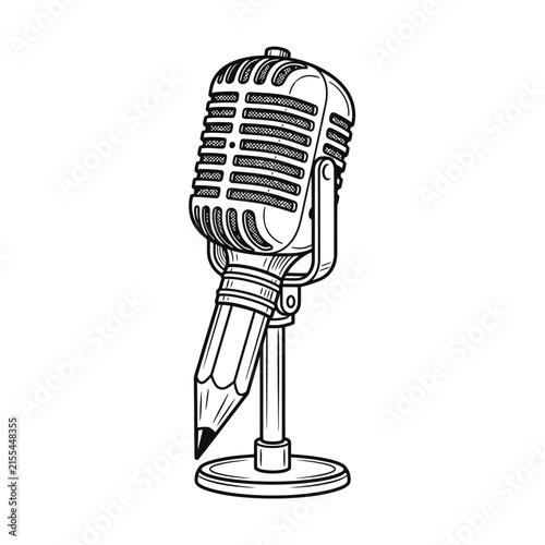 Retro microphone pencil tip podcasting creativity logo.