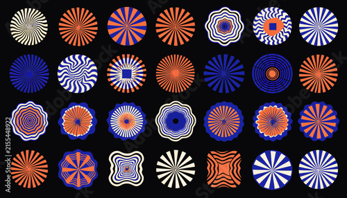 Abstract Geometric Patterns, Radial Designs, Circles, Orange, Blue, White, Isolated