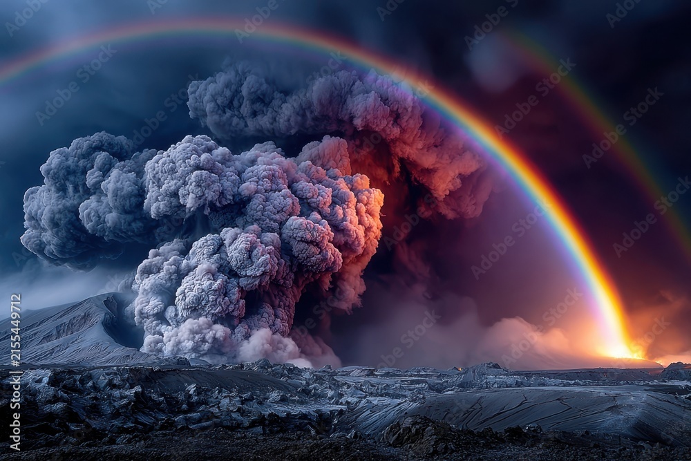 Fototapeta premium Volcanic eruption with double rainbow at dusk