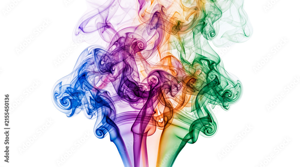 Fototapeta premium Rainbow colored smoke swirls, vibrant abstract incense vapor plumes, ethereal multi-colored mist for creative design backgrounds isolated PNG with Transparent Background