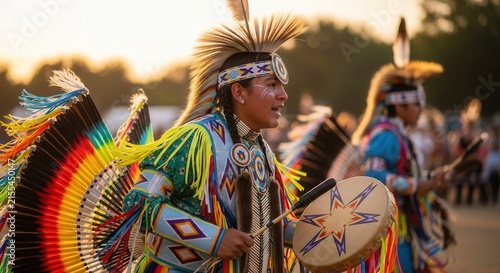 Vibrant image of a Native American dancer performing a traditional powwow ceremony with colorful feathered headdress, intricate beadwork, drum, and ceremonial attire during sunset.
