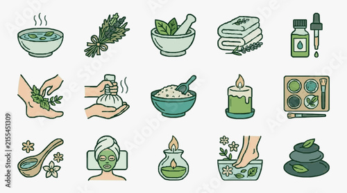 Clean and Relaxing Spa Rituals Illustrated with Soft Green and Cream Watercolor Icons with high quality professional line art symbols for modern creative design and digital branding projects