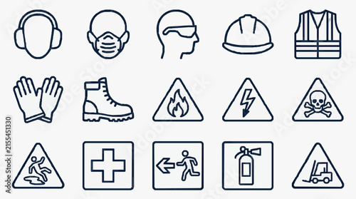 Clean Black and White Line Icons Set of Safety Equipment and Hazard Symbols for Workplace Instructions