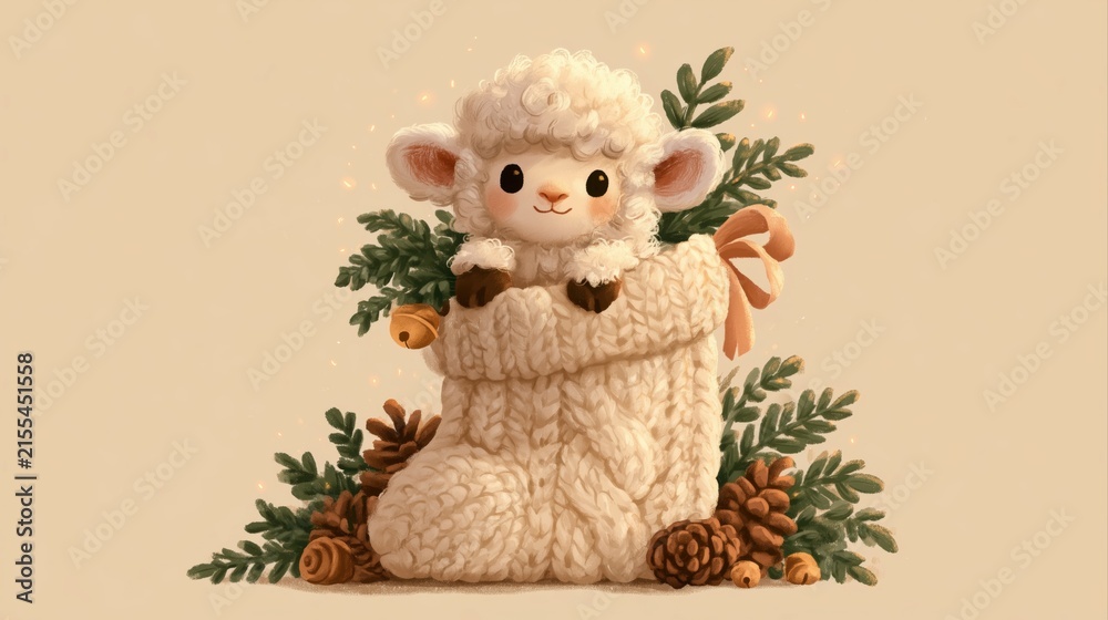 Fototapeta premium Cute lamb standing beside a festive wreath in a cozy holiday setting, sweet seasonal character, Christmas, New Year.