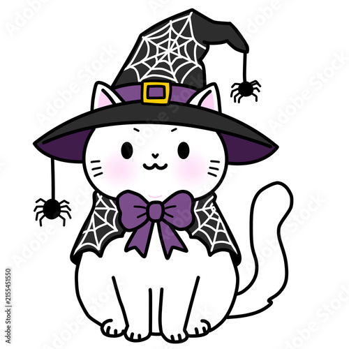 A cute white cat cartoon wearing witch hat and spiderweb cape for halloween theme illustration