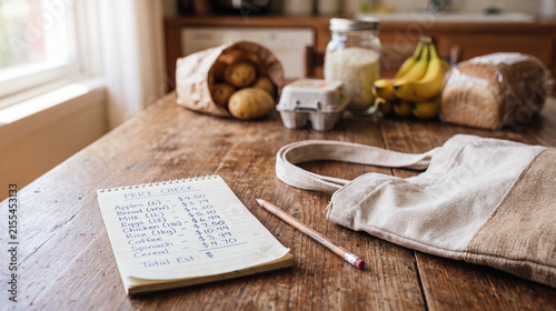 A handwritten grocery price check list sits on a wooden table beside a pencil, canvas tote bag, and groceries including potatoes, eggs, bananas, and bread.