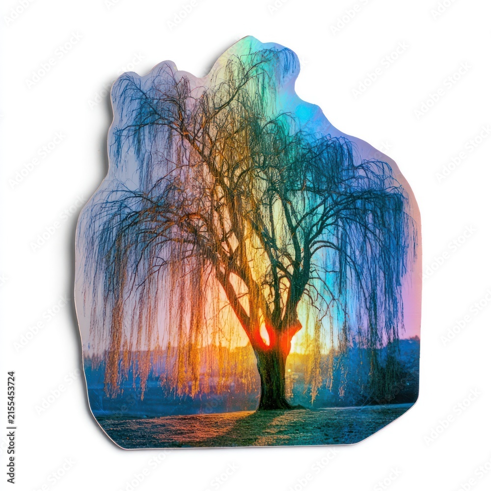 Fototapeta premium Colorful willow tree silhouette with sunset glow and rainbow light