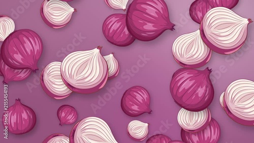 Animated Falling Red Onions and Halved Onion Slices on Purple Background
