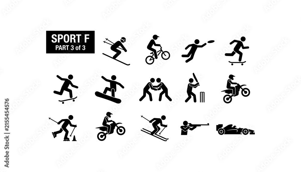 Fototapeta premium Sports Starting With Letter F Icon Set Stick Figure Pictograms Skiing Motocross Racing