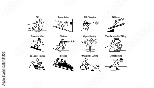 Winter Sports and Paralympic Games Stick Figure Pictograms Icon Set Line Art Vector