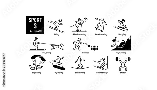 Sports Starting With Letter S Icon Set Stick Figure Pictograms Skiing Skateboarding Skydive