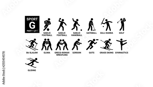 Sports Starting With Letter G Icon Set Stick Figure Pictograms Golf Gymnastics Wrestling