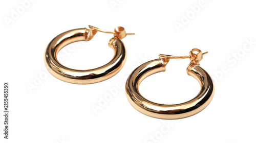 Elegant pair of shiny gold hoop earrings jewelry fashion accessory product photography for women close up isolated on White background