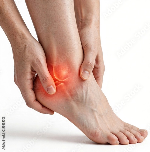 Woman hands holding ankle joint with ankle pain red glow inflammation isolated on white