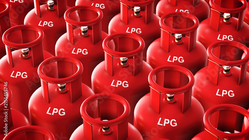 Red LPG Gas Cylinders in Row 3D illustration