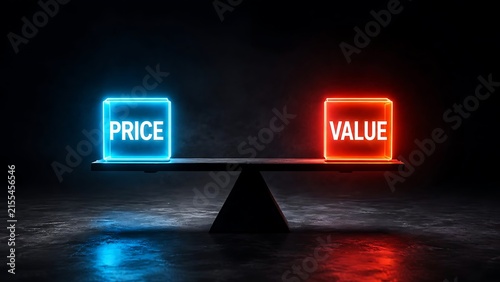 Glowing blue price and red value neon cubes balancing on seesaw scale