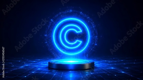 Glowing blue neon copyright symbol on pedestal for intellectual property