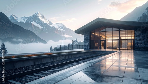 Modern railway station terminal overlooking snowy mountain peaks in a misty valley at sunrise