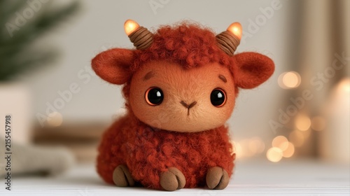A fluffy red brown goat kid sits facing the viewer in a cozy holiday setting, adorable character, Christmas, New Year.