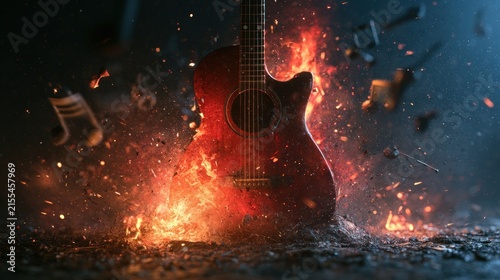 Fiery acoustic guitar with musical notes in motion