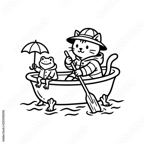 Cat in raincoat rowing tub with frog.