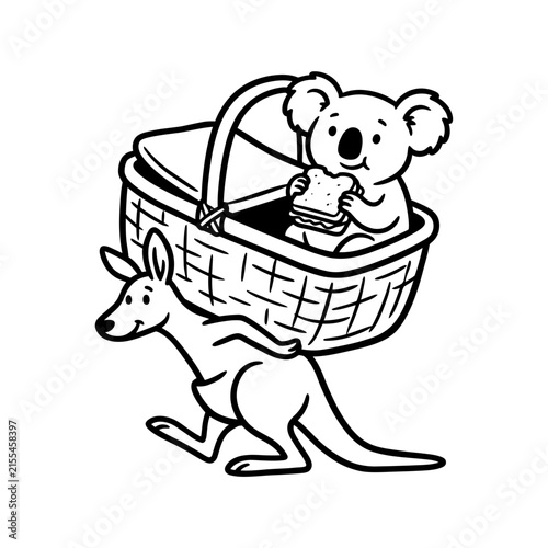Kangaroo carrying koala in picnic basket.