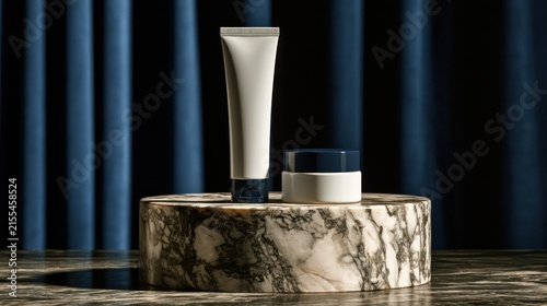Cosmetic containers on marble pedestal blue fabric background