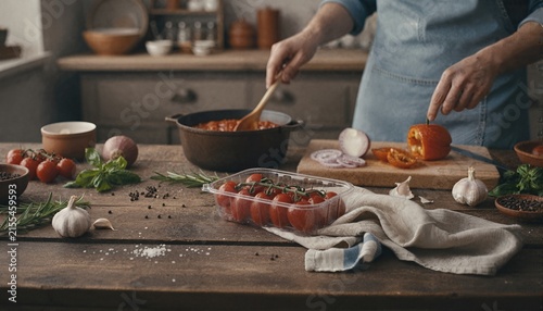 Fresh vine-ripened tomatoes in punnet on a rustic table