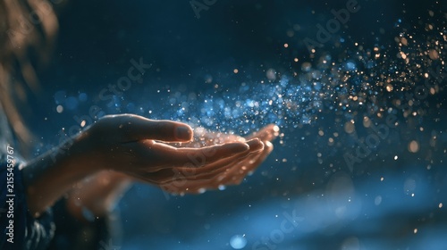 Hands releasing sparkling particles