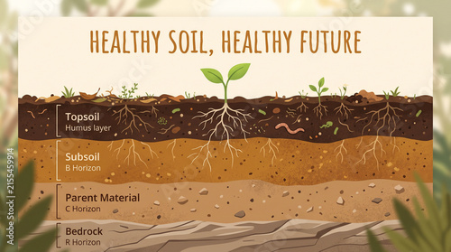 Educational cross section diagram illustrating soil horizons with growing plant seedlings with including topsoil subsoil diagram showing distinct subsoil parent material