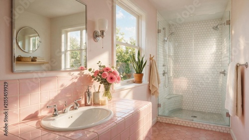 Sunlit mid century washroom interior featuring pink tiled vanity countertop beside glass enclosed walk in shower stall with natural sunlight streaming through window