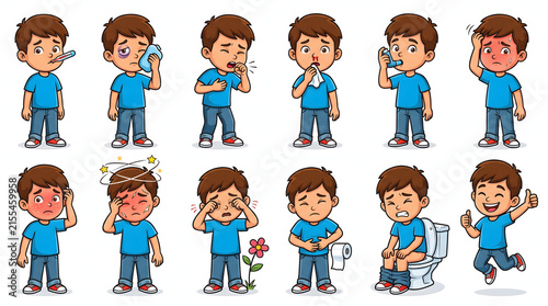 Little boy character set exhibiting symptoms of sickness, fever, allergy, and medical conditions