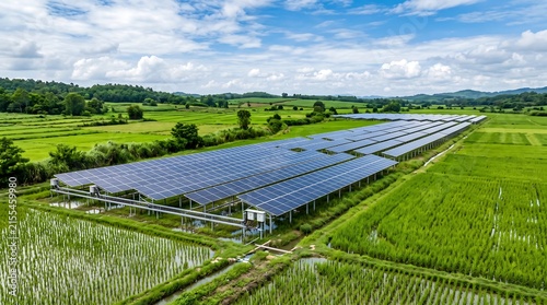 Large solar panel farm installed over a green rice paddy field in a rural landscape with mountains in distance