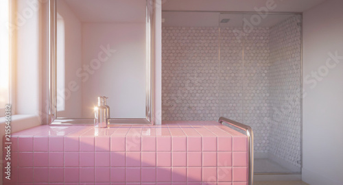 Minimalist mid century washroom interior featuring pastel pink tiled vanity countertop beside glass shower enclosure with morning sunlight with vanity reflective mirror