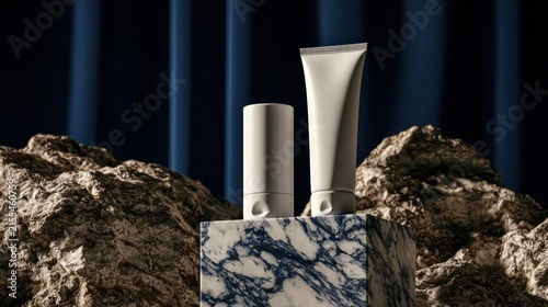 Cosmetic product tubes on marble stand with textured background