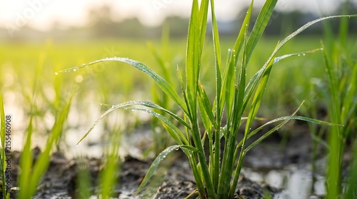 Young green rice plants growing in a flooded paddy field with water droplets on leaves during the early morning light