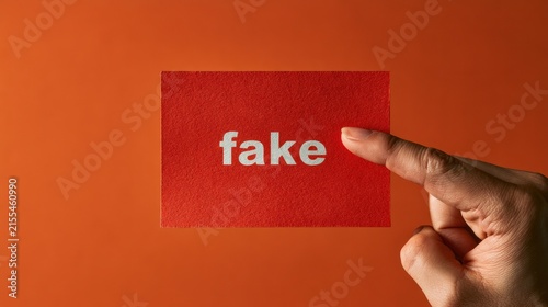 Hand pointing to red card with word fake