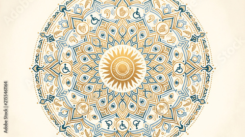 Inclusive mandala pattern featuring diverse symbolic icons arranged in a symmetrical circular golden design with icons representing accessibility pattern incorporating