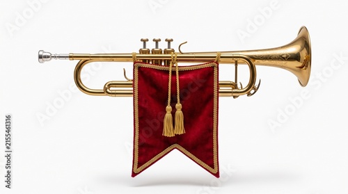 Golden Brass Trumpet Bugle Instrument with Red Velvet Royal Banner Flag Announcement Fanfare Herald Instrument Isolated White Background Vector Illustration