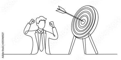 hand drawn vector illustration of a target, Continuous Line Drawing of Successful Businessman Celebrating Goal Achievement with Arrow in Target Bullseye