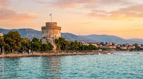 Historic Stone Fortress Tower on Sea Coast Promenade Sunset Sky Waterfront Castle Fortification Ancient Landmark Coastal Travel Tourism Background View