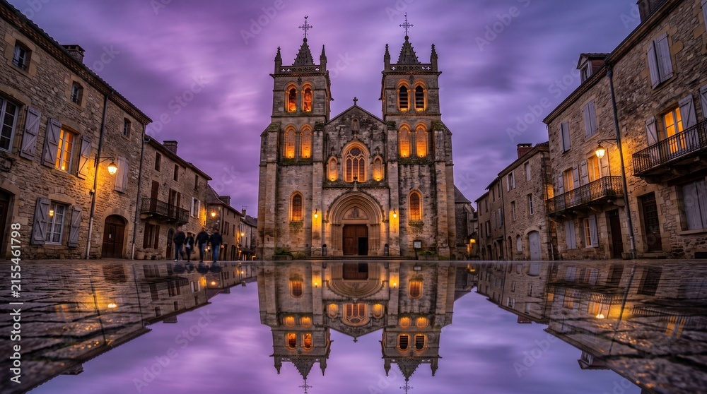 Naklejka premium Historic Gothic Cathedral Architecture Reflected in Water Puddle at Sunset Purple Evening Sky Old European Landmark Plaza Travel Tourism Photography Heritage