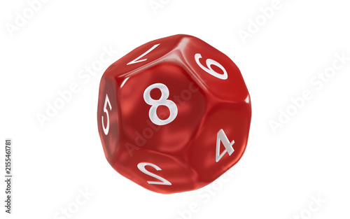 Obraz na płótnie Red dodecahedral dice with white numbers on it, 3d rendering.