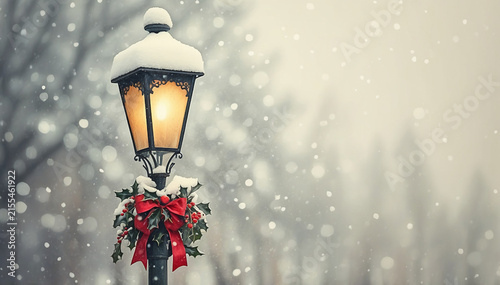 Antique street lamp glowing warm yellow in snowy winter night. Vintage lantern illuminating a cozy, nostalgic, and peaceful evening snowfall.
