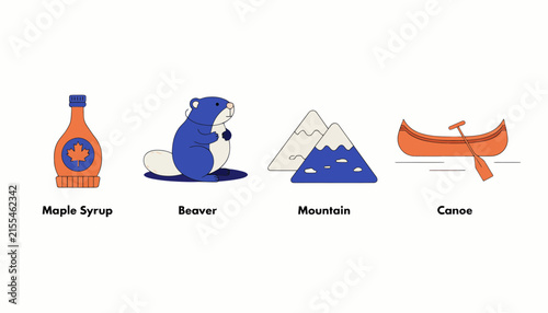 Canadian Icons: Maple Syrup, Beaver, Mountains, Canoe Isolated