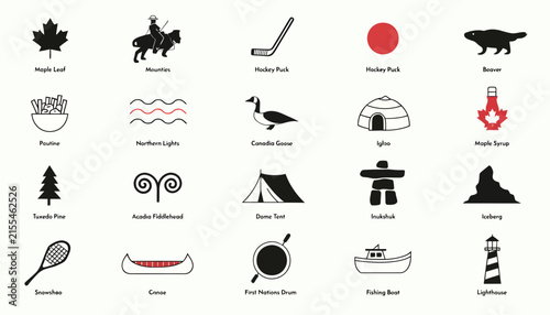 Canadian Icons Set: Maple Leaf, Beaver, Hockey Puck, Canoe, Lighthouse