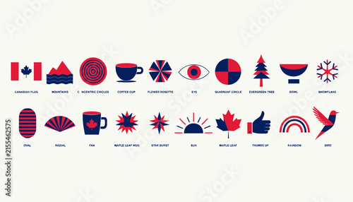 Canadian Icons Set: Maple Leaf, Flag, Coffee Cup, Tree, Bird, Rainbow Icons