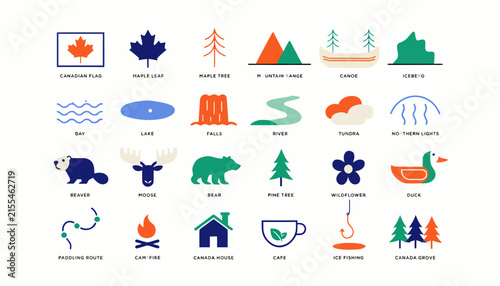 Canadian Icons Set: Maple Leaf, Moose, Beaver, Canoe, Mountains, Nature Elements