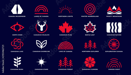 Canadian Icons Set: Maple Leaf, Wildlife, Nature, Winter, Mountains
