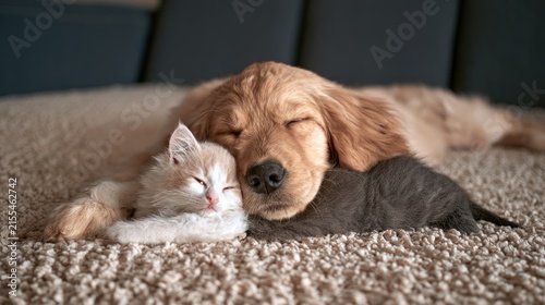 Dog and kitten sleeping together on carpet